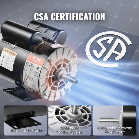 CSA certified 3.7 HP Air Compressor Motor, 3450 RPM, 230V, Single Phase, 56 Frame, details highlighted, cooling system visible
