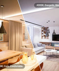 Room lighting comparison with 4000K energetic white in living room and 3000K cozy light in dining area
