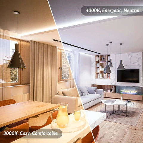Image showing room comparison with lighting from dimmable vintage LED Edison bulbs; left side warm 3000K, right side neutral 4000K.
