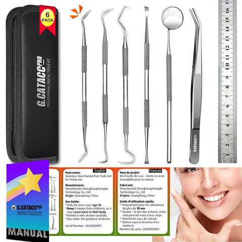 Six Piece At Home Dental Hygiene Kit for Plaque and Tartar Removal Stainless Steel Dental Picks With Case Easy Grip Pro Grade