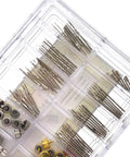 Pro Grade 170Pcs Watch Crown And Spring Bar Replacement Kit with assorted stems, tubes, and pins in plastic case for watchmakers.