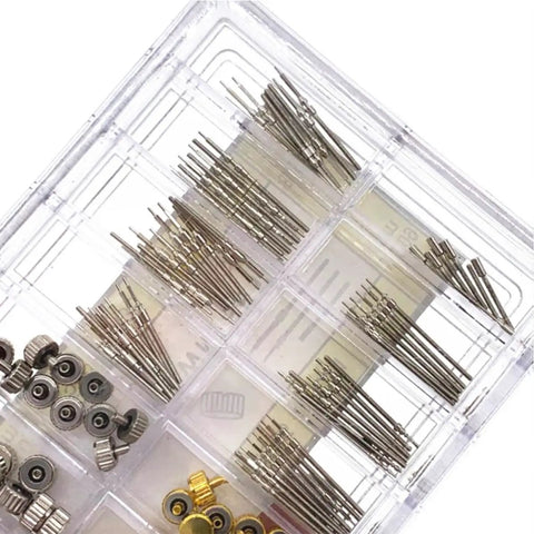 Pro Grade 170Pcs Watch Crown And Spring Bar Replacement Kit with assorted stems, tubes, and pins in plastic case for watchmakers.