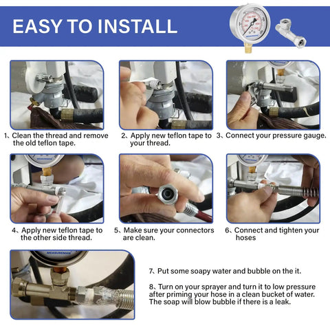Spraying Pressure Gauge Assembly Compatible With Airless Sprayers Pro Grade High Pressure Fluid Gauge With Tee Fitting One Quarter Inch NPT Threads 0 To 5000 PSI Glycerin Filled installed on airless sprayer hose
