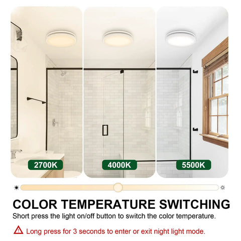 Bathroom with three light settings demonstrating color temperature switching for ceiling light, warm to cool tones.