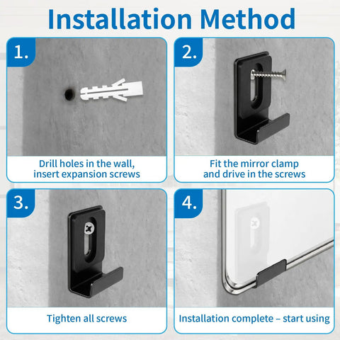 Heavy Duty Metal Mirror Holder Clips Kit For Frameless Wall Mounting With Eight Clips Screws Rubber Pads Anchors And Hooks Go To Choice For Mirrors Billboards And Display Panels installation steps with wall plug, screw, and clip