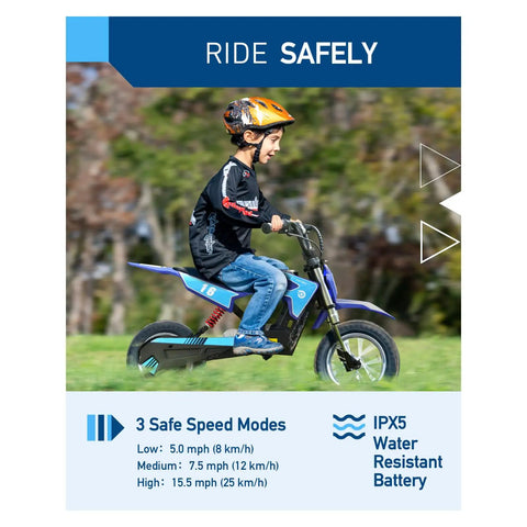 Child riding Kids Electric Dirt Bike 36V 300W Ride On With Quiet Hydraulic Suspension Long Range Up To 13.7 Miles 3 Speed Modes