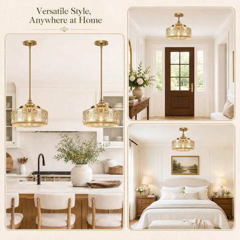 DSMJFU Gold Kitchen Pendant Light for Kitchen Vintage Glass Pendant Light in kitchen and living room settings.
