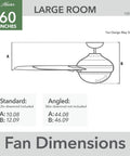 Diagram showing dimensions of a 52 Inch Indoor Ceiling Fan No Light With 3 Blades And Standard Mount For Bedroom Living Room Or Kitchen Matte Nickel Finish With Wall Control And Quiet High Airflow SureSpeed Performance