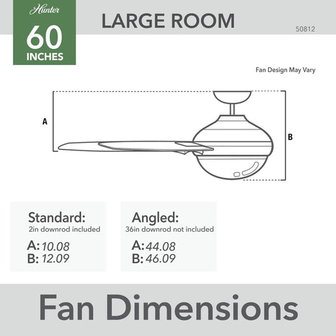 Diagram showing dimensions of a 52 Inch Indoor Ceiling Fan No Light With 3 Blades And Standard Mount For Bedroom Living Room Or Kitchen Matte Nickel Finish With Wall Control And Quiet High Airflow SureSpeed Performance