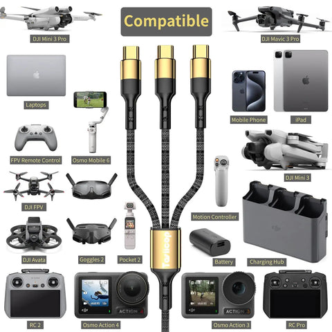 3 In 1 USB C Fast Charge Cable For DJI Drones Compatible With Mini 5 Pro Mini 4 Pro devices, showing compatibility chart.