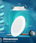 FREELICHT 4 Pack Retrofit LED Recessed Lighting 4 Inch, 5CCT, White with dimensions and specifications visible.