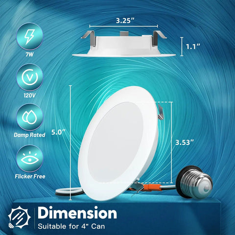 FREELICHT 4 Pack Retrofit LED Recessed Lighting 4 Inch, 5CCT, White with dimensions and specifications visible.