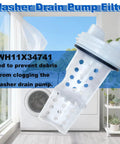 Washer Drain Pump Filter WH11X34741 Direct Replacement For WH23X10029 shown in front of a washing machine.
