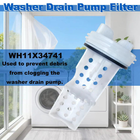 Washer Drain Pump Filter WH11X34741 Direct Replacement For WH23X10029 shown in front of a washing machine.