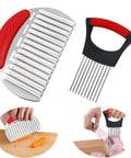 Front view: stainless steel onion slicer and vegetable chopper set with wavy potato cutter and red ergonomic handle.