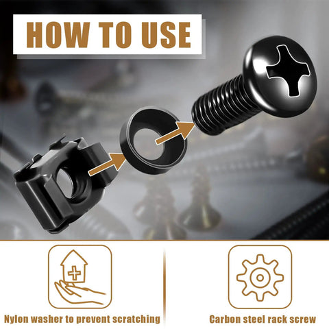 Hella Sturdy M6 Rack Mount Screws And Cage Nuts With Black Washers Stainless Steel Server Cabinet Hardware 100 Pack Ready To Roll For Routers Switches And Consoles with nylon washer and carbon steel screw.