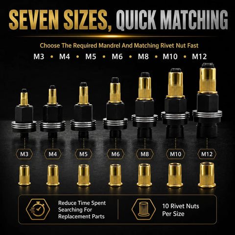 Rivet Nut Pro Grade Tool Set Kit, 77-Piece Metric Rivnut System With 7 Mandrels And 70 Flat Head Nuts, M3-M12 sizes