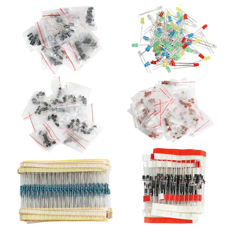 Electronic Components Kit With 1400 Pieces, 6 Value Assortment Including packaged LEDs, diodes, resistors, capacitors, transistors