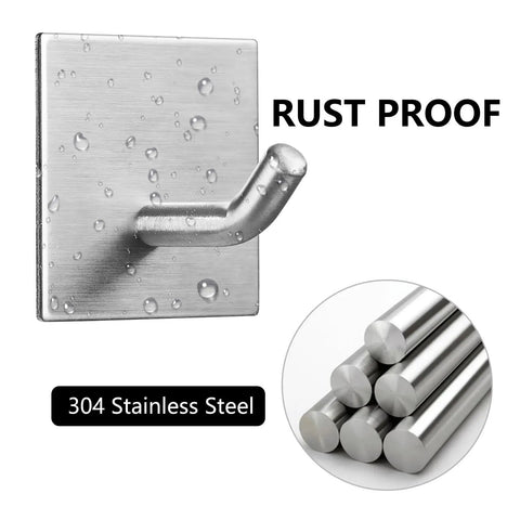 Heavy Duty Self Adhesive Hooks No Drill Wall Hangers Stick On Stainless Steel Holders For Kitchen Bathroom Home Door Towels Keys Coats Robes 15 Lbs Load Capacity 6 Pack Silver showing rust proof feature with water droplets