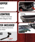 ATV Dry Material Spreader features including compact poly hopper, stainless steel fan, adjustable slide gate, and variable speed control.