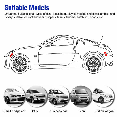Universal Aluminum Quick Release Bumper Fastener Kit For Front And Rear Bumpers Trunk Fender Hatch Lids Black Easy Install Durable CNC Machined Clips Included diagram showing suitable car models.