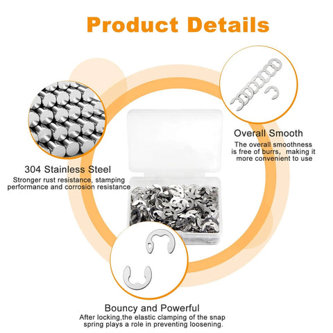 200Pcs M5 E Clip Circlip Retaining Rings Set Stainless Steel 304 External Snap Rings in open box with close-up inserts