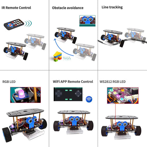 Self Balancing Robot Car Kit With Arduino IDE Compatibility For Hands On Coding And Tinkering In Robotics And STEM Projects Includes Line Tracking Ultrasonic Sensor And IR Remote Programming Set showing IR remote, obstacle avoidance and LED control