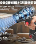 Dual Battery Cordless Leaf Blower With Charger showcasing 450000 RPM high speed motor for efficient cleaning.