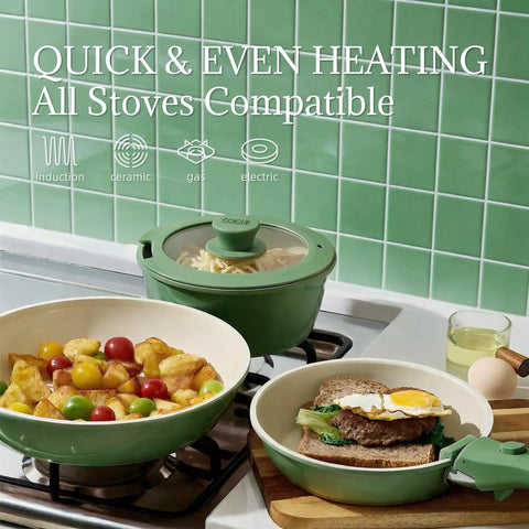 Nonstick Ceramic Cookware Set Eight Piece With Detachable Handle Induction Ready Pots And Pans Oven Safe Dishwasher Safe PFAS Free