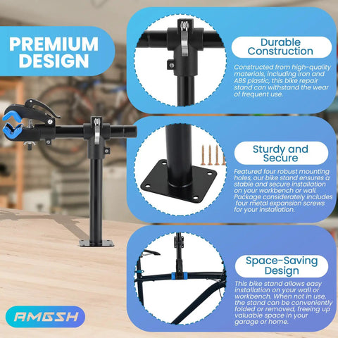 Wall Mounted Bicycle Repair Stand With Adjustable Clamp showing design features and sturdy construction for road and mountain bikes.