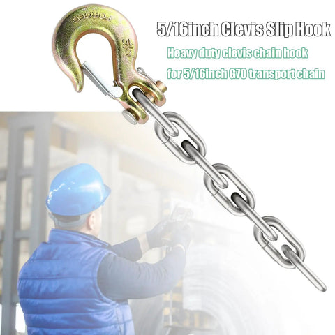 Top Shelf Grade 70 Clevis Slip Hooks With Safety Latch 5/16 Inch Heavy Duty Towing Gear Four Pack Forged Steel Rust Proof Trailer Secure Kit Built Solid For The Daily Grind with chain