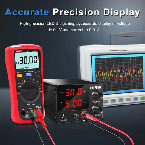 30V 5A Adjustable DC Power Supply With Dope Encoder Knob, 3 Digit LED Display, and voltmeter in electronic setup.