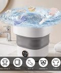 Clutch 20L Foldable Portable Washer With Power Spin Basket 3 Cleaning Modes Blue Light Tech washing baby clothes and socks in a bathroom.