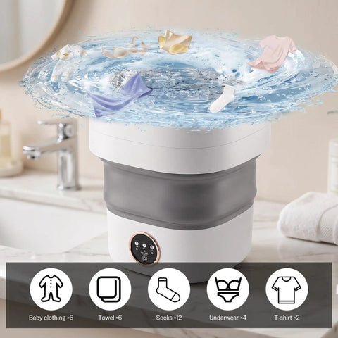 Clutch 20L Foldable Portable Washer With Power Spin Basket 3 Cleaning Modes Blue Light Tech washing baby clothes and socks in a bathroom.