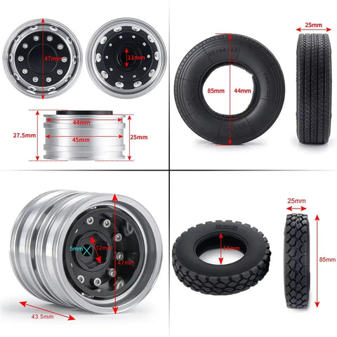 RC Car Repair Kit For One Fourteen Scale RC Tractor Truck And Trailer With Durable Wear Resistant Tires And Rims, showing dimensions.