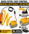 No Sweat Cordless Fluid Transfer Pump Tool Only Compatible With DeWalt 20V Tools Using Secure Adapter 635 GPH setup guide with attachments.
