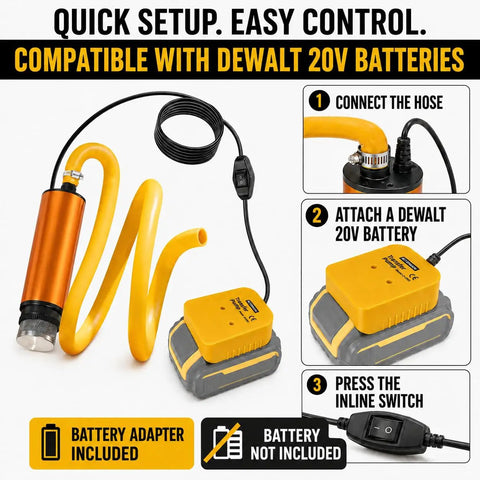 No Sweat Cordless Fluid Transfer Pump Tool Only Compatible With DeWalt 20V Tools Using Secure Adapter 635 GPH setup guide with attachments.