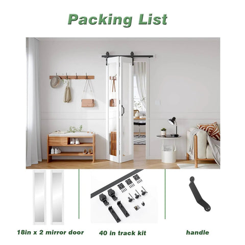 Image of Bifold Barn Door Mirror 36x84 With One Lite Mirror, Bi-Fold Closet Doors Hardware Kit Included, 40 Inch Track For Two Doors, PVC White installed.