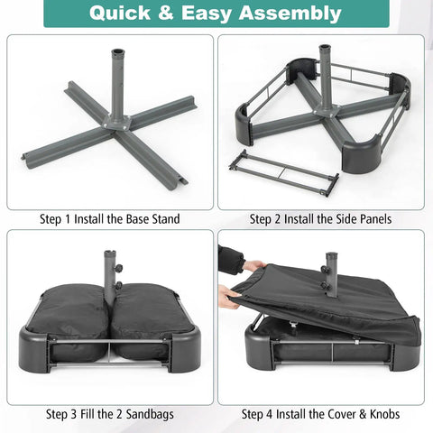 Heavy Duty Beefy 220 Pound Patio Umbrella Base With Sandbags, All Weather Oxford Cover, step-by-step assembly instructions