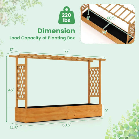Illustration of Raised Garden Bed With Trellis And Hanging Roof Wood Planter Box With Drainage Holes, dimensions shown.