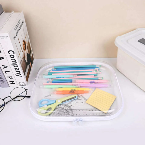 Straight Up Three Piece Clear Hard Shell Zipper Cases With Rigid Plastic Panels For No Sweat Travel And Crisp Home Storage That Keeps Your Essentials Secure And Ready To Roll Anytime with colorful pens and scissors.