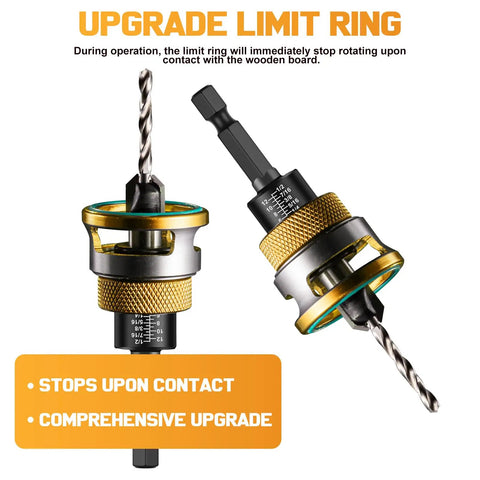 Pro Grade Countersink Drill Bit Set For Woodworking 4 Piece M2 HSS Bits With Aluminum Alloy Depth Stop Collar close-up view