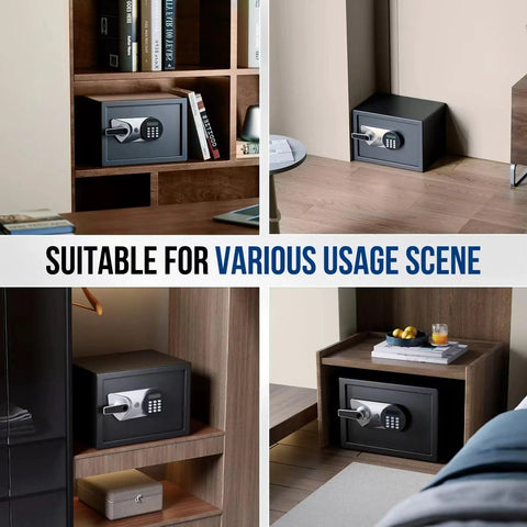 Home Biometric Safe 1.0 Cub With Fingerprint Access, 10-Digit Keypad, LCD Screen installed in different rooms and furniture setups.