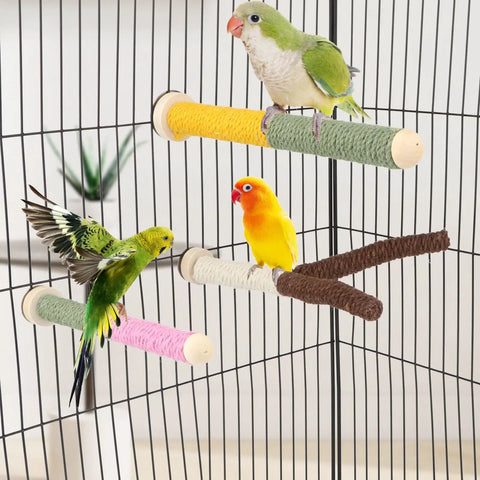 Top Shelf 3 Piece Natural Wood Bird Perch And Chew Toy Set For Cockatiels Budgies Parakeets with colorful hemp-covered rods and birds.