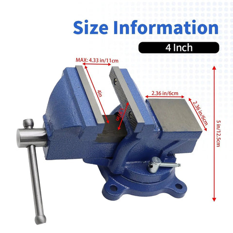 Heavy Duty 4 Inch Bench Vise With Ductile Cast Iron Construction And Chrome Plated Spindle 360 Degree Swivel Locking Base