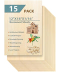 Stack of 15 Pack 12x18x1/16 Basswood Sheets For Crafts Unfinished Wood Boards shown with craft icons