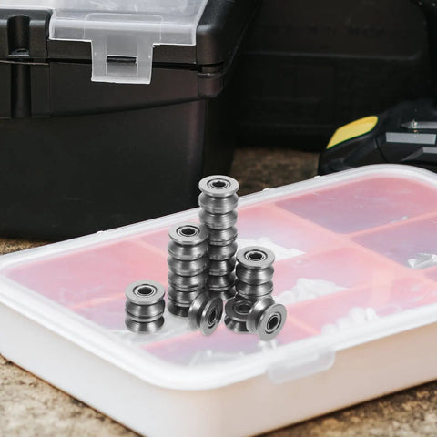 20 Pack V Groove Pulleys For Gate Tracks With Deep Groove Ball Bearings stacked in a clear storage box, highlighting heavy duty design.