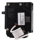 20 Amp Arc Fault Breaker Single Pole AFCI For 120V Home Wiring With Pigtail Neutral UL Listed Pro Grade Fire Hazard Protection Through Direct Arc Detection And Low Current Arcs Down To 5 Amps. rear view of black 1-pole AFCI breaker with white pigtail neutral wire