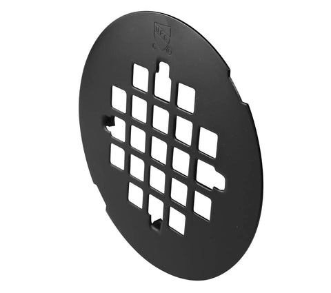 Brass Shower Drain Body With Grid Cover Plate, Four And A Quarter Inch OD Compression Fit, Matte Black Finish, Grate Detail