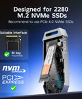 Premium 80Gbps M.2 Nvme Enclosure With Chill Cooling Fan Tool Free Setup For USB C Thunderbolt 4 aluminum case showing internal chip installation.